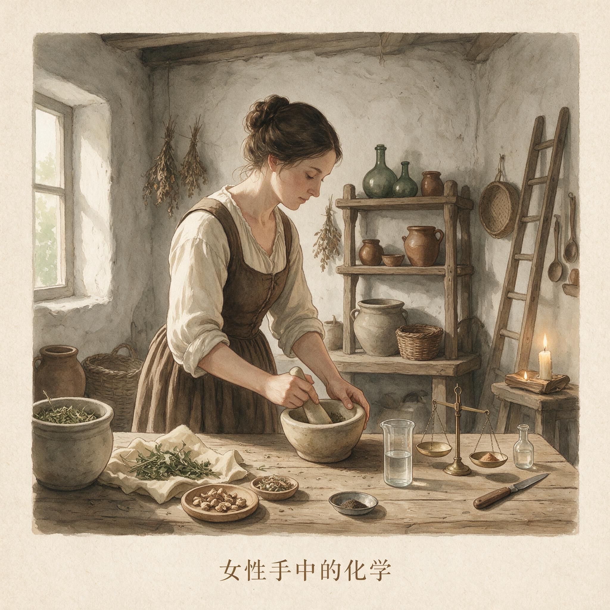女性手中的化学:历史出版插图