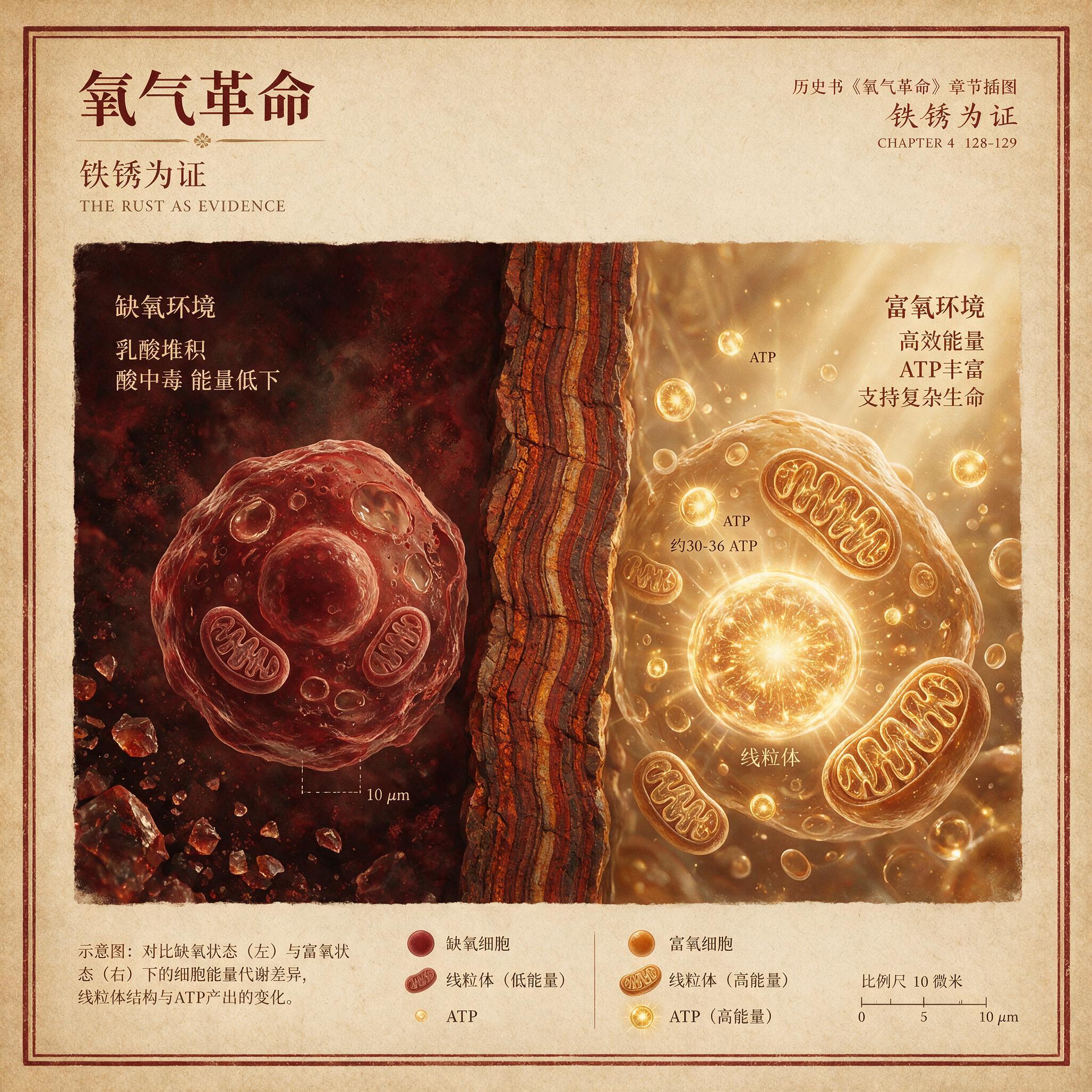 人体细胞在缺氧与富氧环境下的对比示意