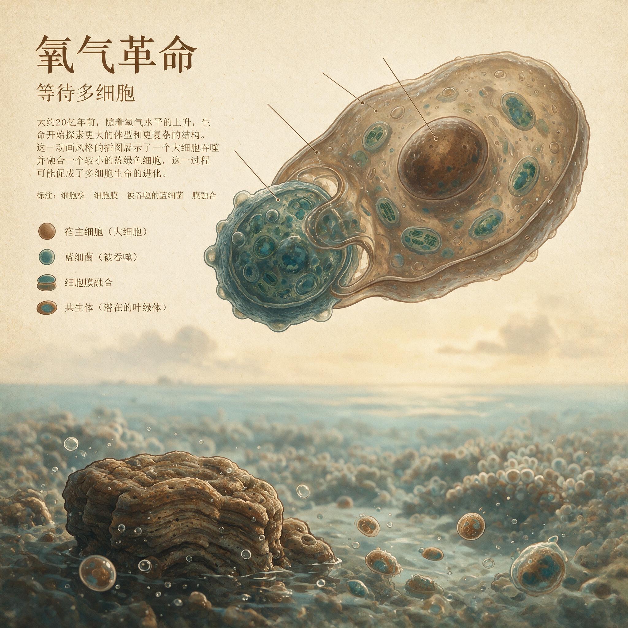 真核细胞吞噬蓝藻形成线粒体的内共生过程示意图