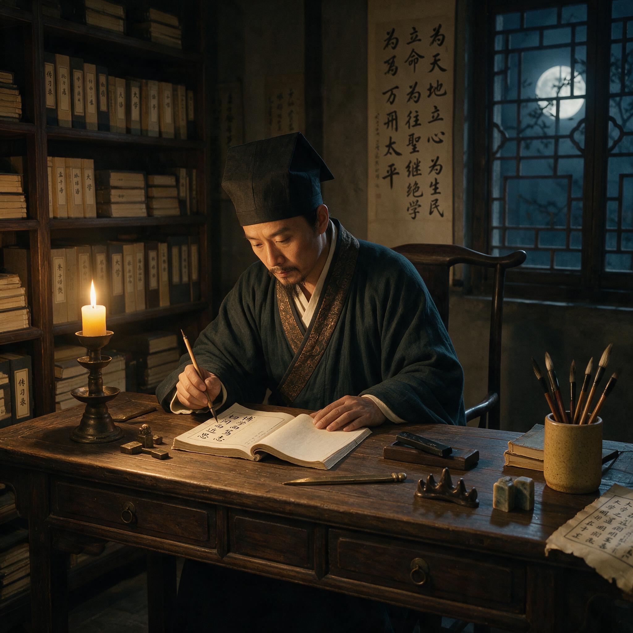 明代学者在书房校勘书稿，以书籍为武器