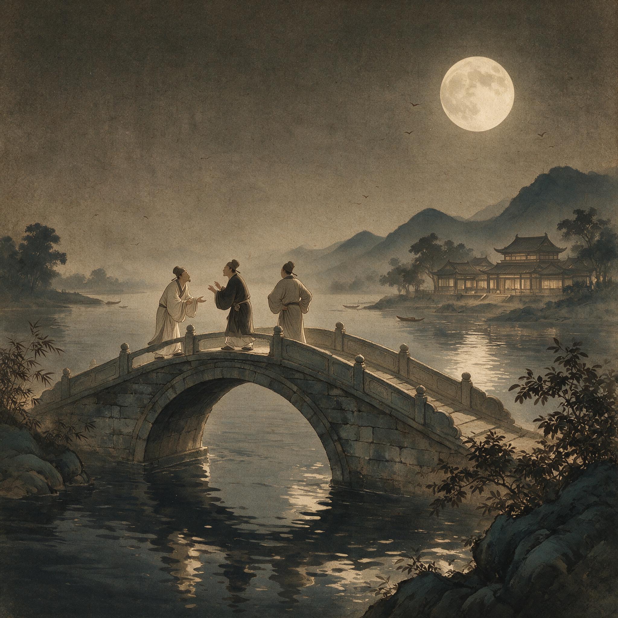 夜晚天泉桥上，师徒三人论道的意境画面