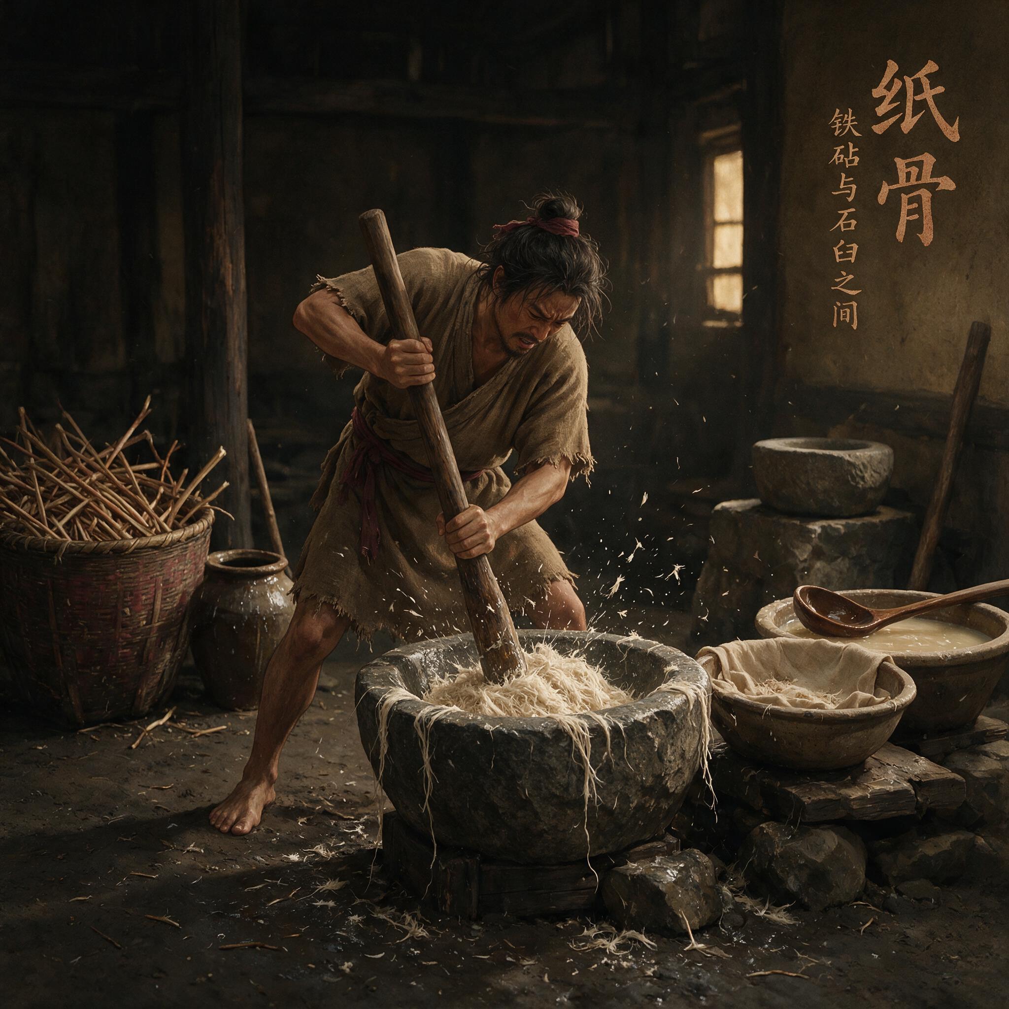 汉代石臼舂捣麻料场景