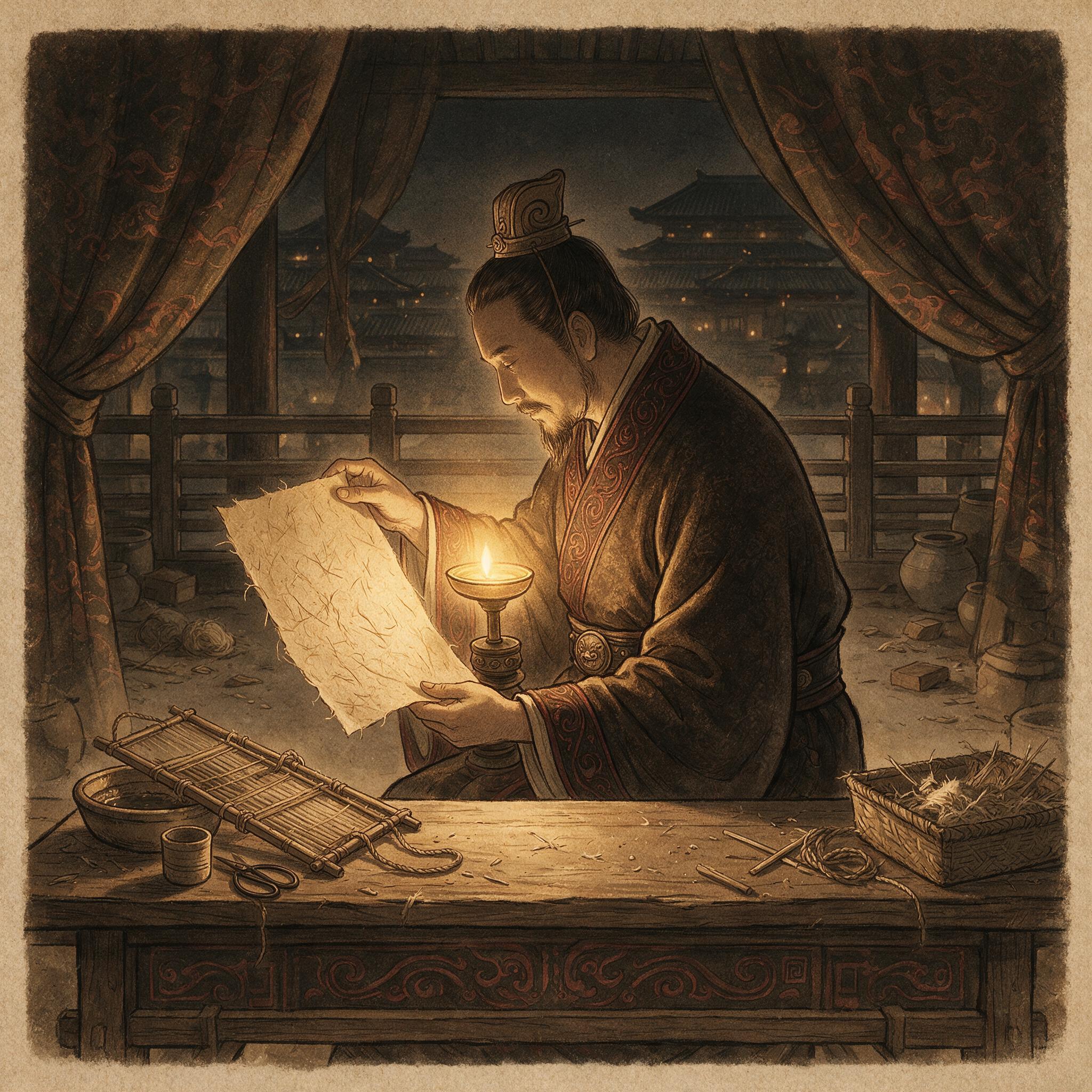 蔡伦在灯下审视新造纸张