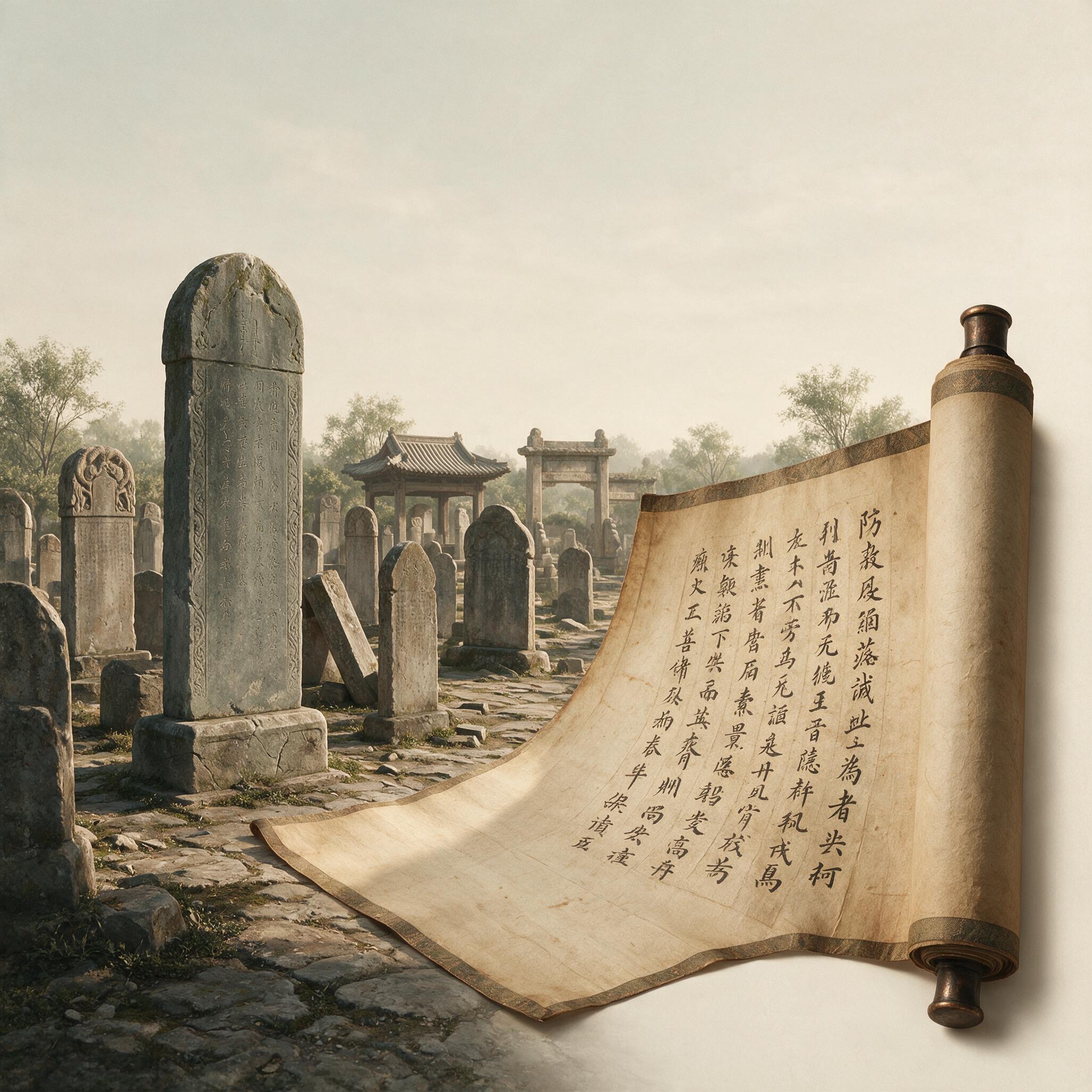 碑林与纸卷共存的象征画面