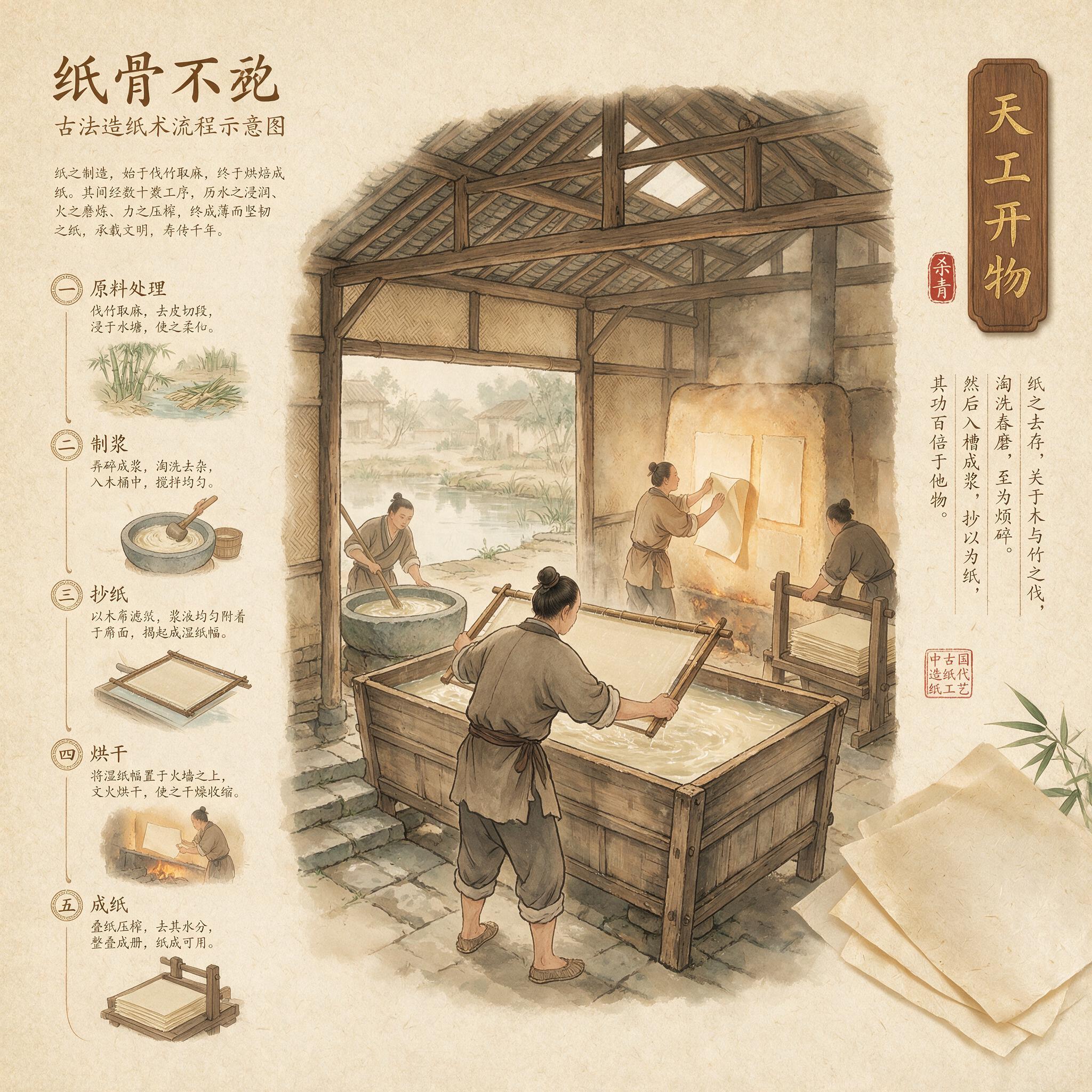 古法造纸术流程示意图