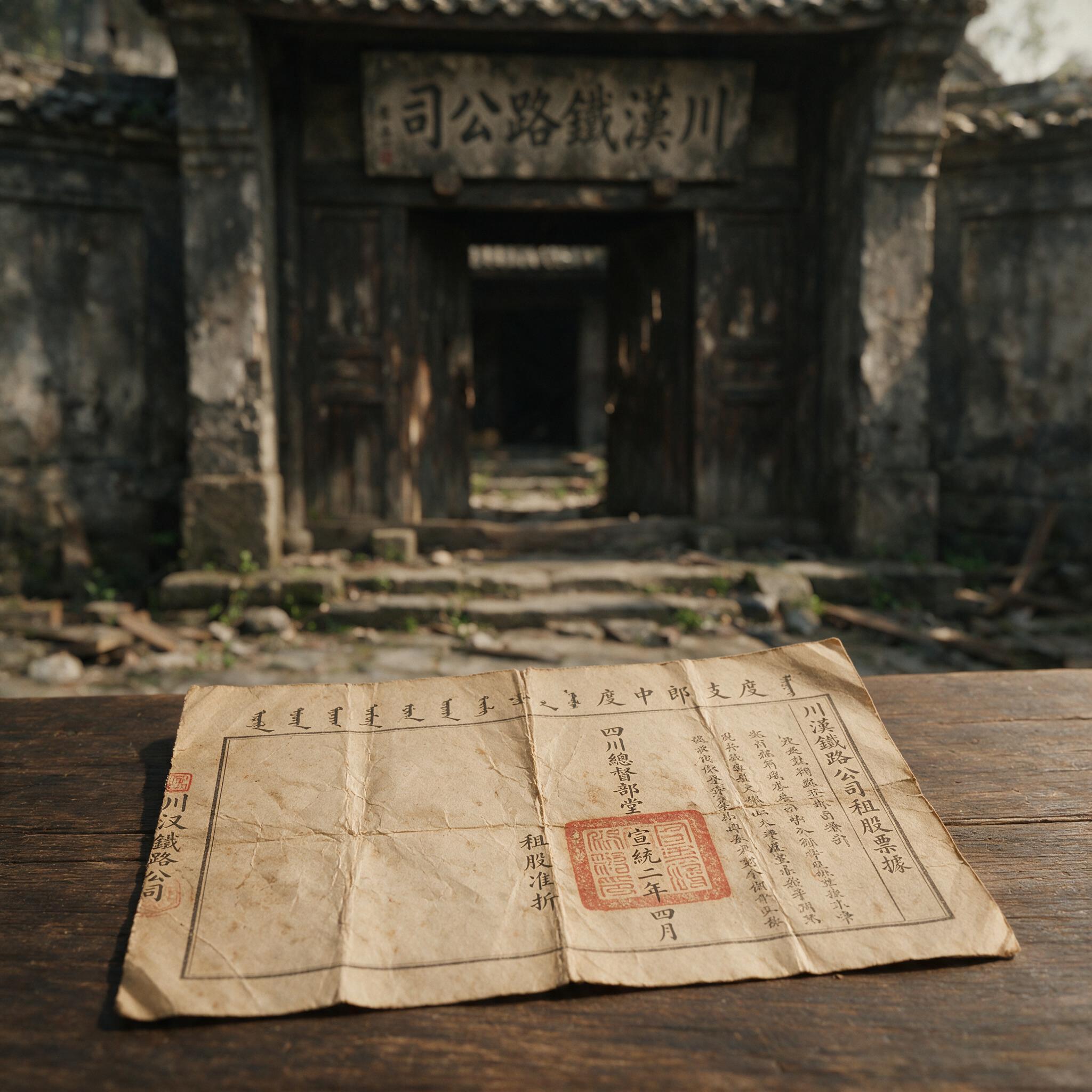 发黄租股票据特写与旧址门前景