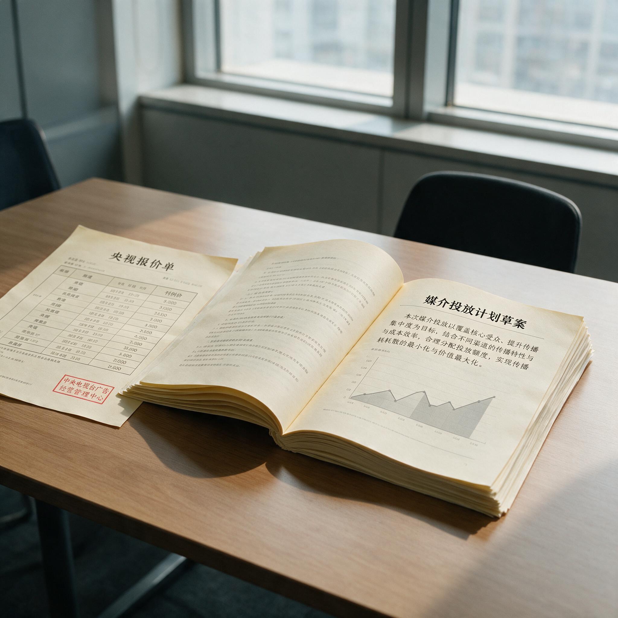 会议室桌上的媒介投放计划草案
