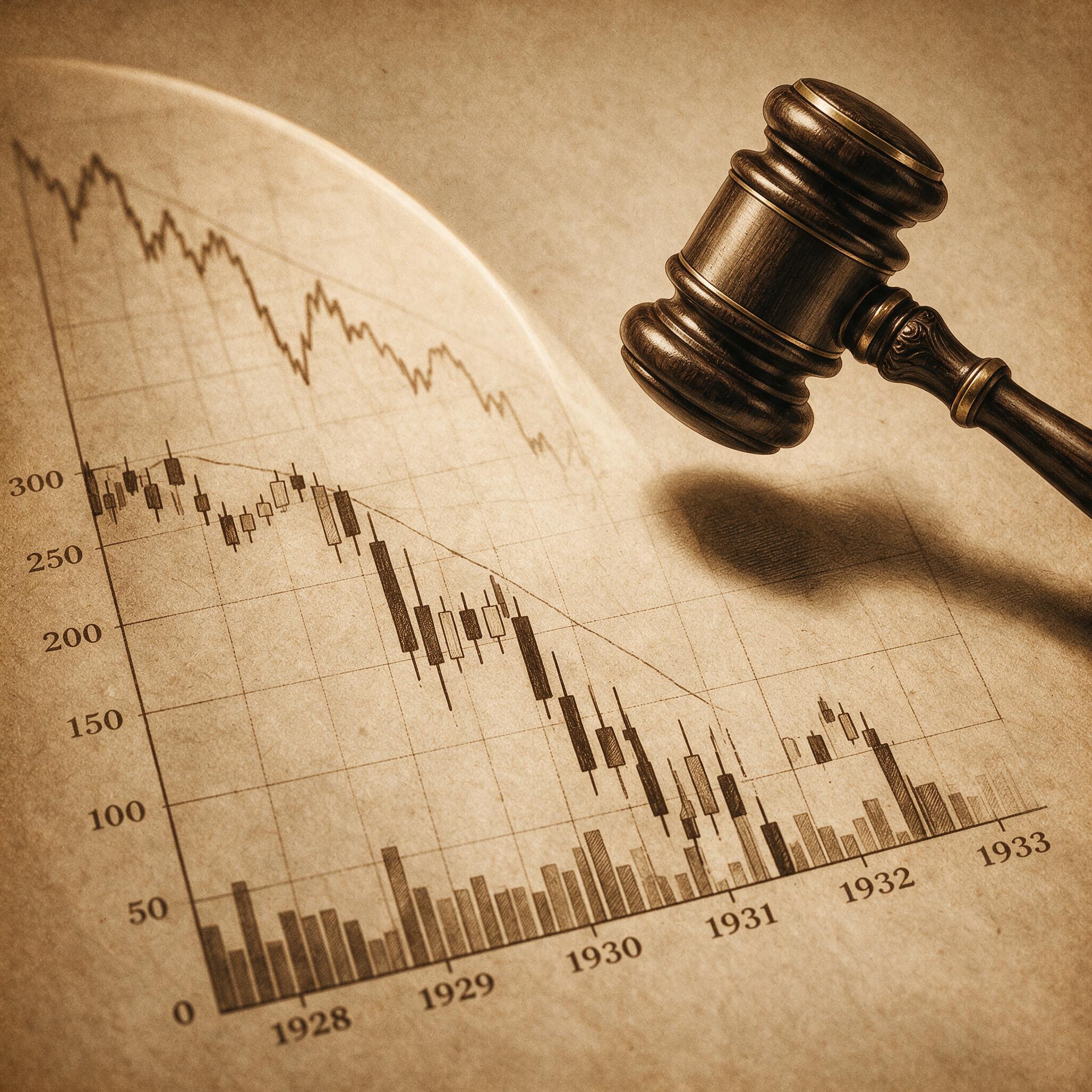 象征退潮期宣判的法庭木槌与K线图