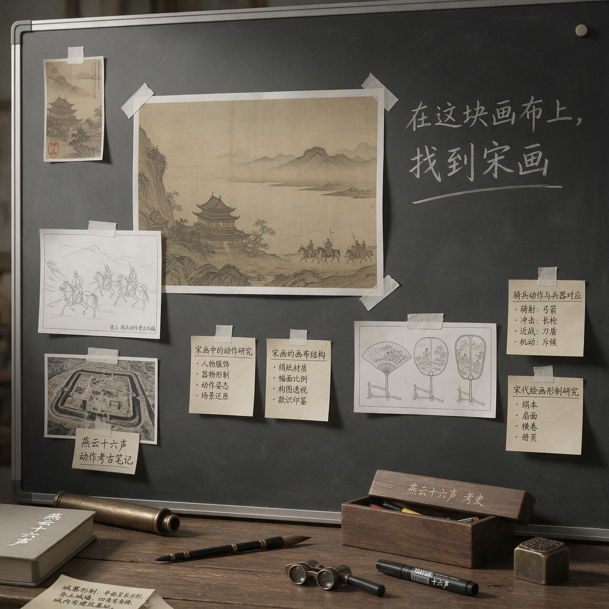 白板上贴有宋画参考图与“找到宋画”字样